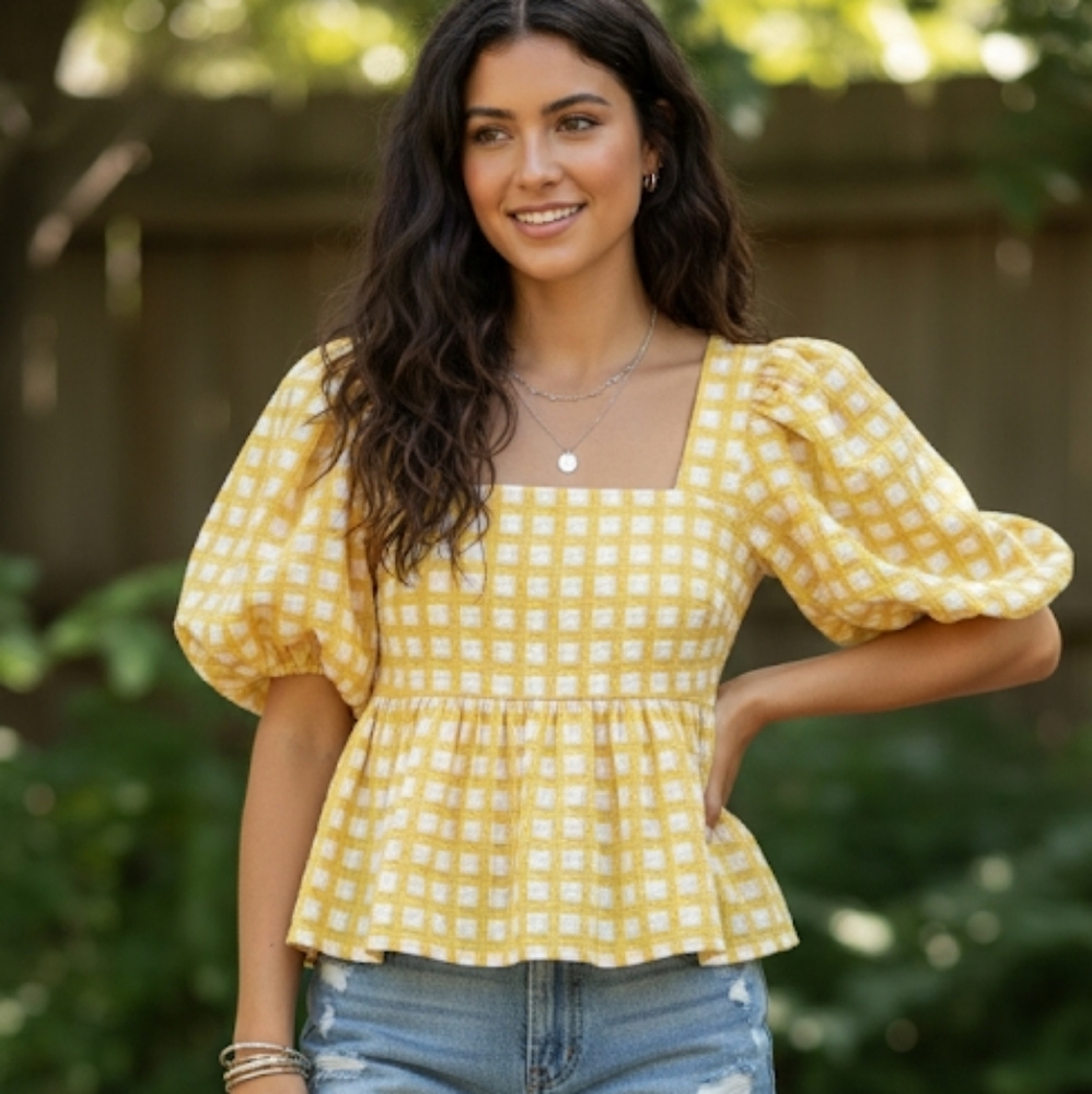 SOLD Hudson 100% cotton yellow check puff sleeve top M